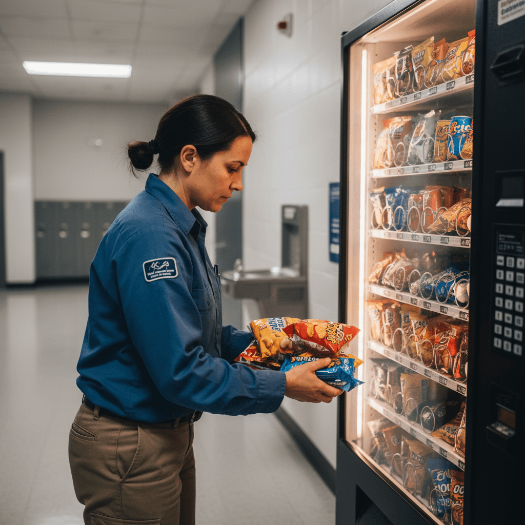 Service technician restocking healthy snacks in vending machine