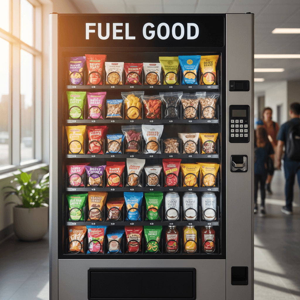Modern vending machine stocked with healthy snacks