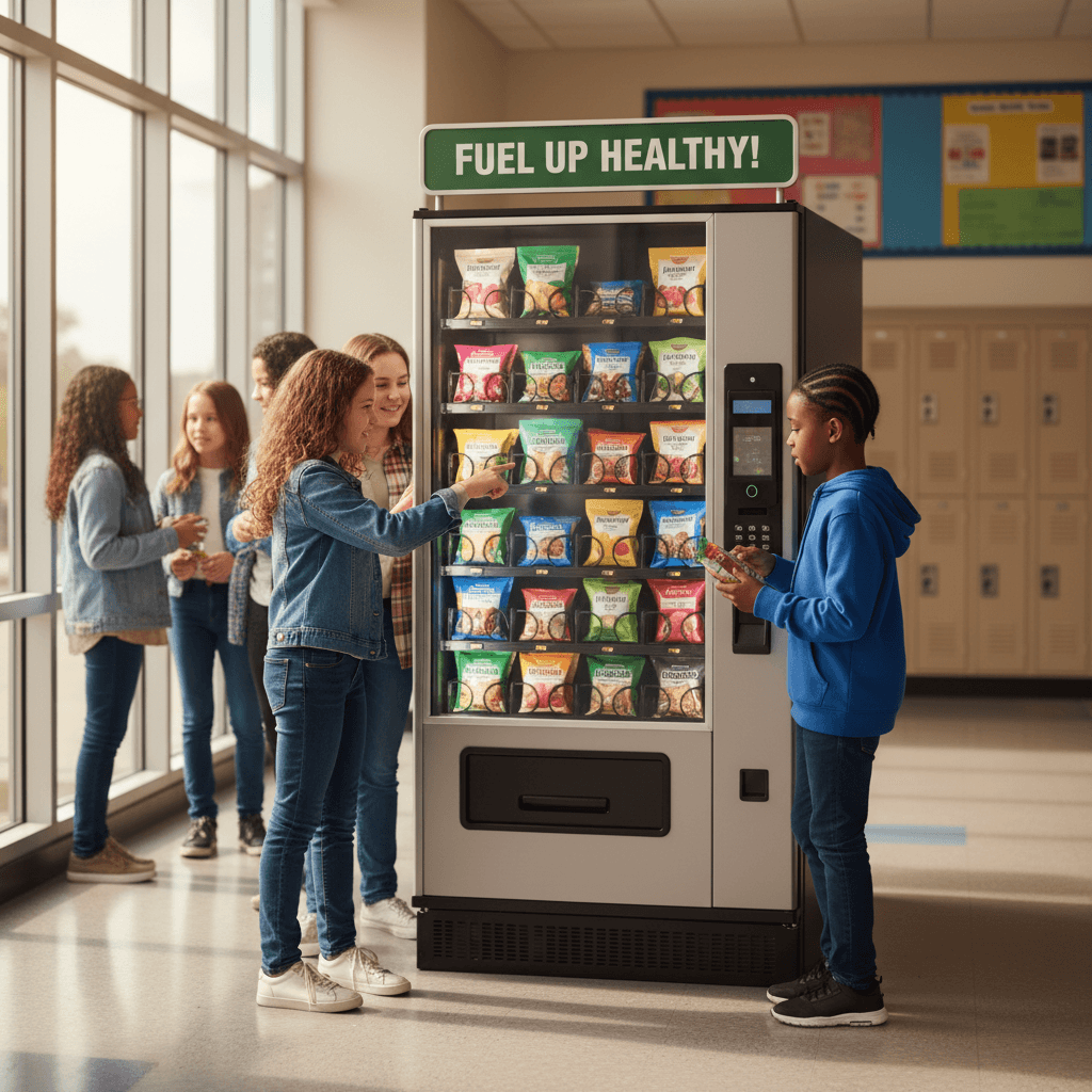 Students selecting healthy snacks from vending machine