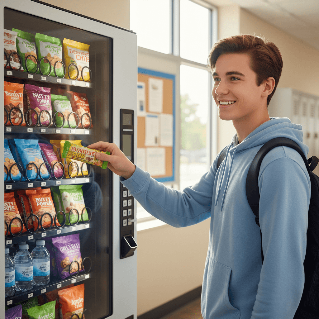 Student selecting healthy snack from vending machine