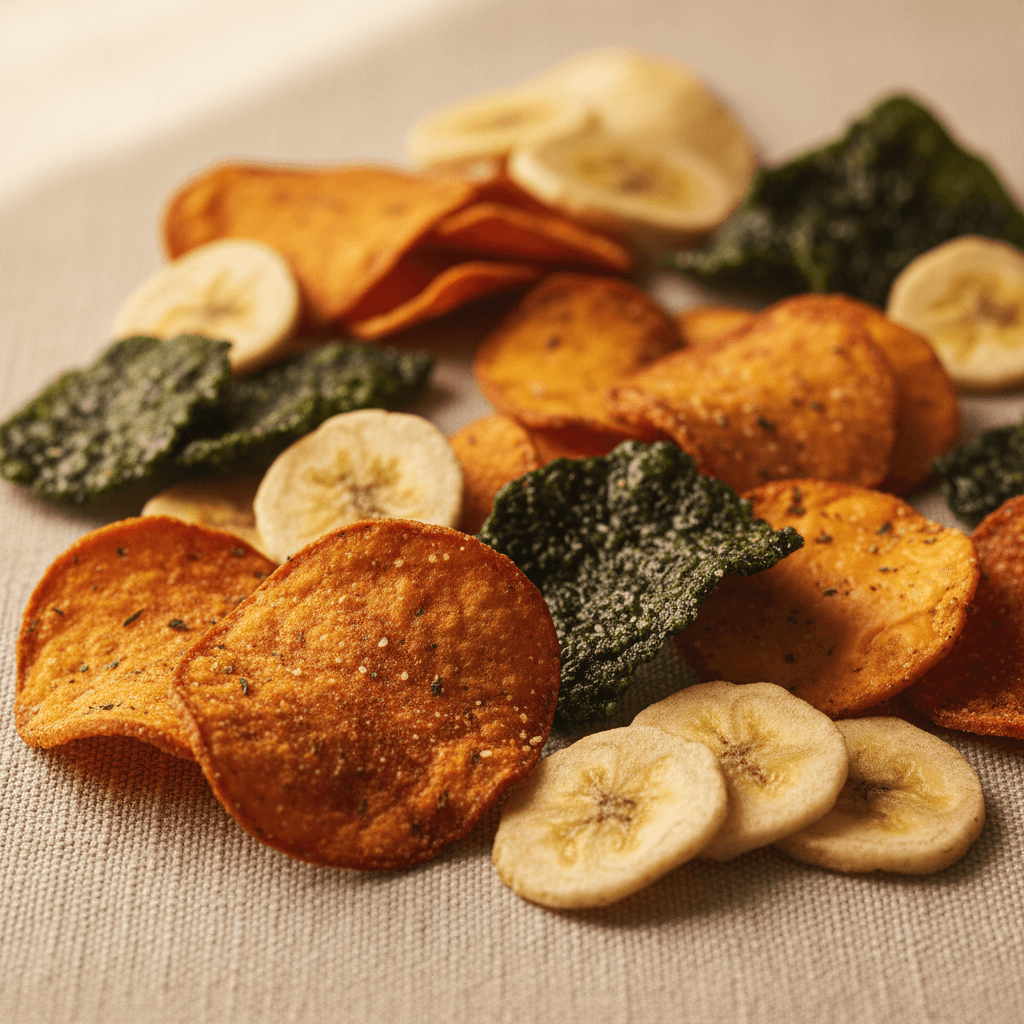Assorted artisanal specialty chips in close-up, featuring tomato, banana, seaweed, and cheese varieties on neutral surface with natural lighting