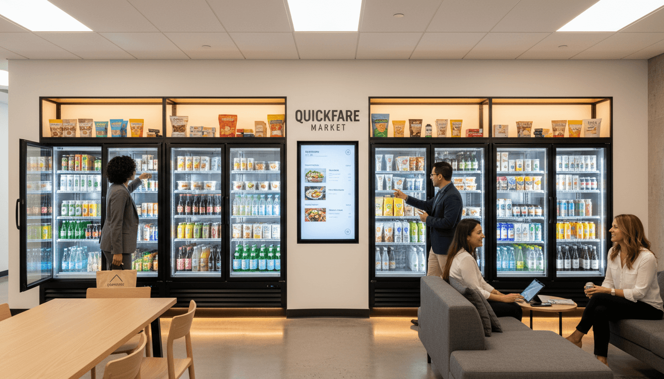 Modern break room micro-market with diverse professionals browsing premium beverages and fresh meals from illuminated coolers and shelving units