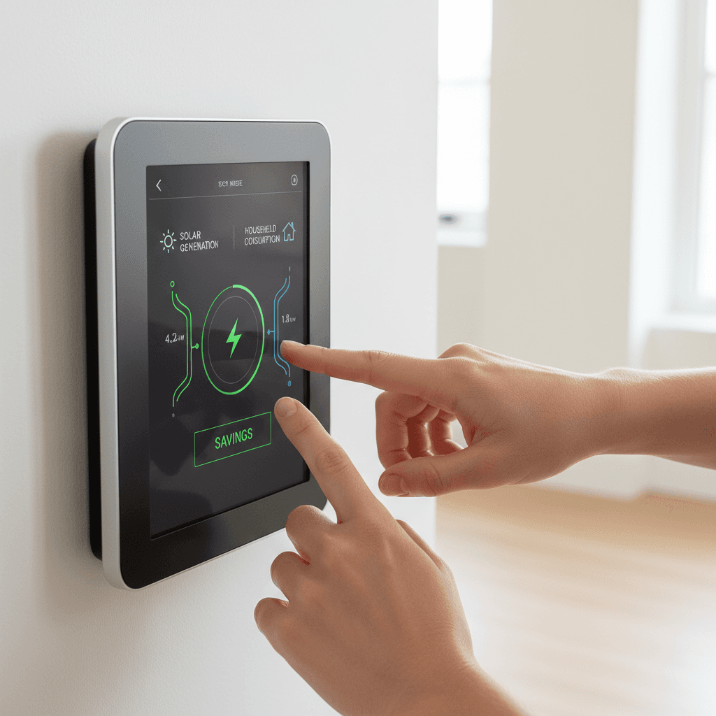 Homeowner's hands engaging with sleek digital energy management hub displaying real-time solar data