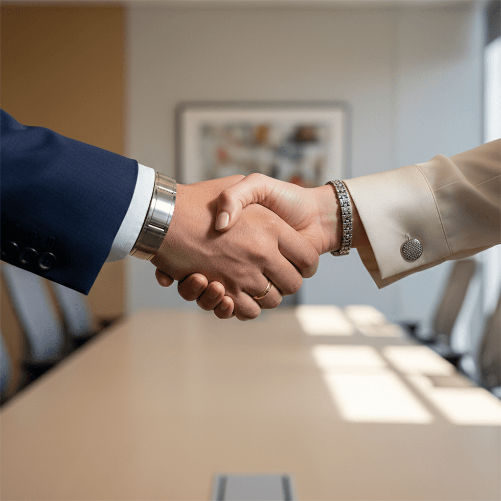 Close-up of professional handshake between investor and entrepreneur in office setting, signifying partnership